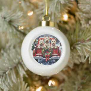 West Highland White Terrier Christmas Red Truck Ceramic Ball Christmas Ornament