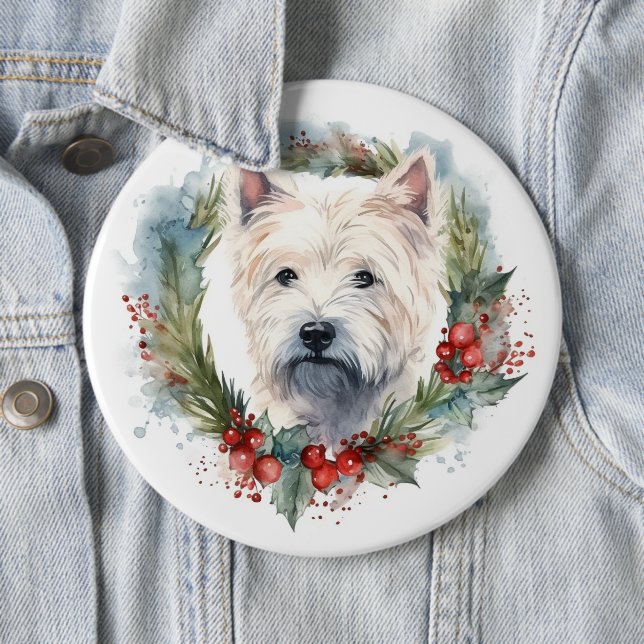 West Highland White Terrier Christmas Wreath  6 Cm Round Badge (In Situ)