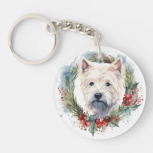West Highland White Terrier Christmas Wreath  Key Ring (Front)
