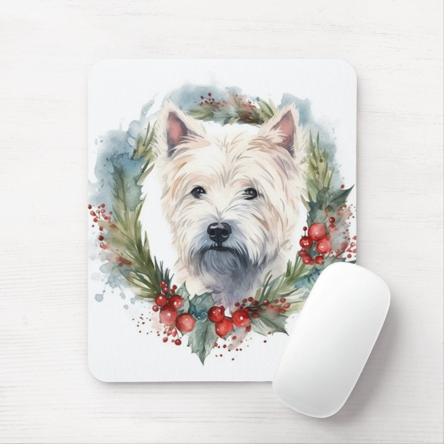 West Highland White Terrier Christmas Wreath  Mouse Mat (With Mouse)