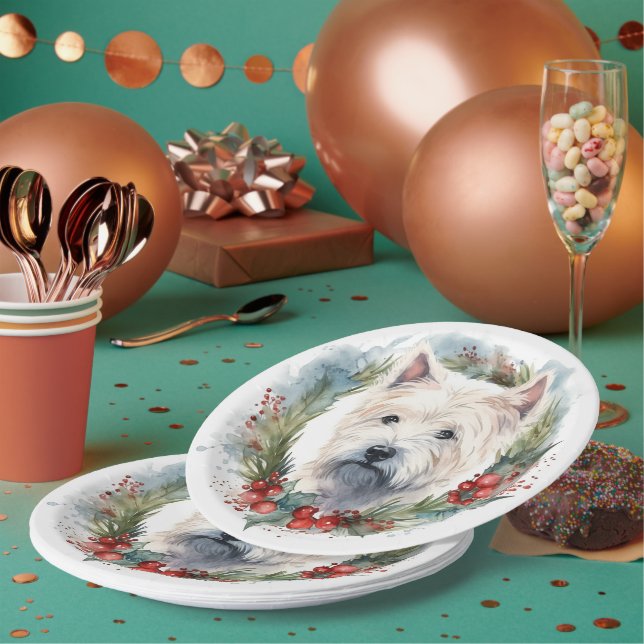 West Highland White Terrier Christmas Wreath  Paper Plate (Multi)