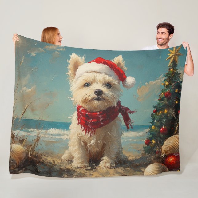West Highland White Terrier Dog Christmas Beach Fleece Blanket (In Situ)