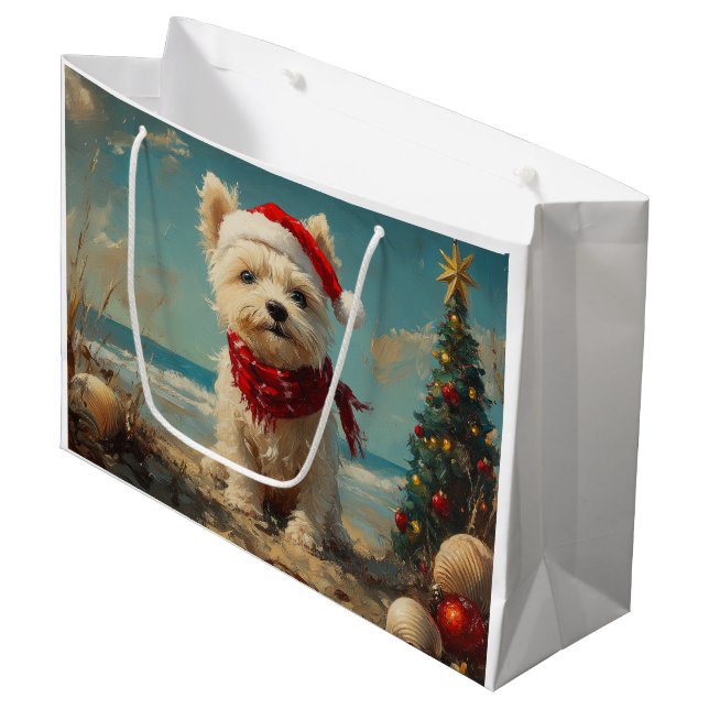 West Highland White Terrier Dog Christmas Beach Large Gift Bag (Front Angled)