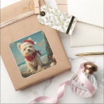 West Highland White Terrier Dog Christmas Beach Square Sticker<br><div class="desc">Bring the warmth of the holidays to the shore with this charming vintage-inspired design featuring a festive dog sitting on a serene beach. With a classic holiday touch of nostalgic tones and coastal vibes, this artwork captures the magic of Christmas by the sea. Perfect for spreading holiday cheer, this design...</div>