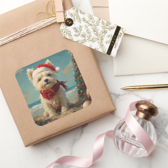 West Highland White Terrier Dog Christmas Beach Square Sticker (Gifting)