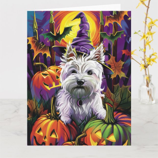 West Highland White Terrier Dog Halloween Witch Card (Yellow Flower)