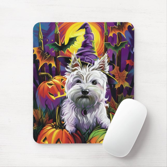 West Highland White Terrier Dog Halloween Witch Mouse Mat (With Mouse)