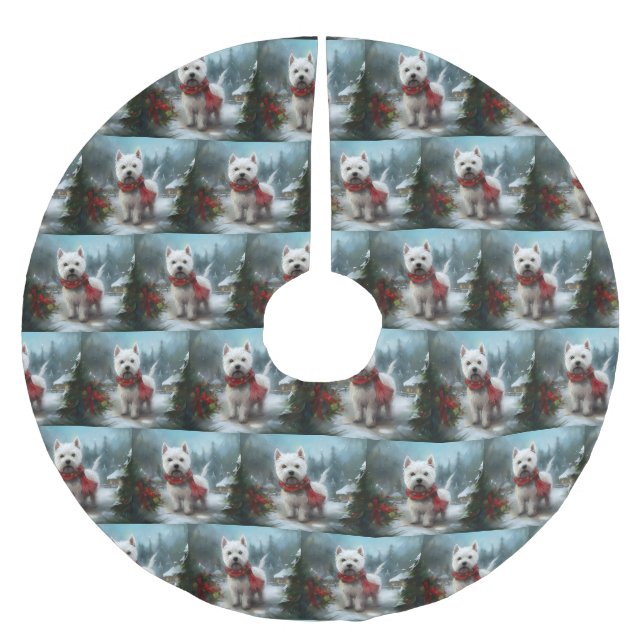 West Highland White Terrier Dog in Snow Christmas Brushed Polyester Tree Skirt (Front)