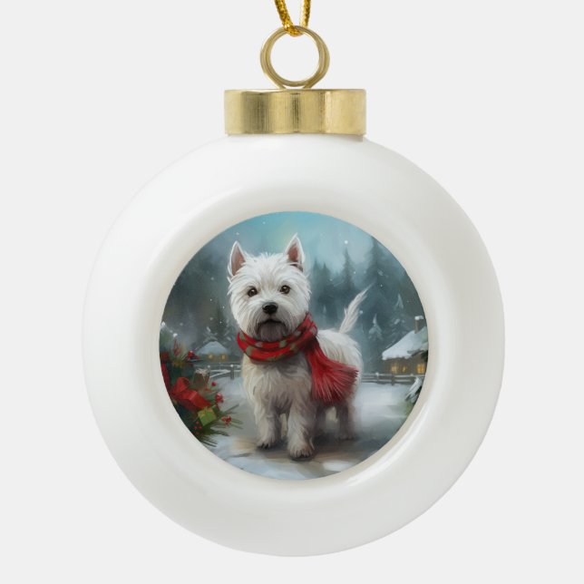 West Highland White Terrier Dog in Snow Christmas Ceramic Ball Christmas Ornament (Front)