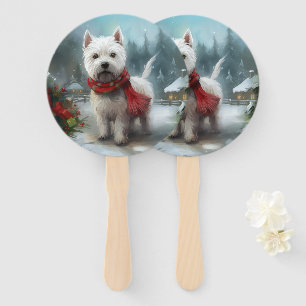West Highland White Terrier Dog in Snow Christmas Hand Fan