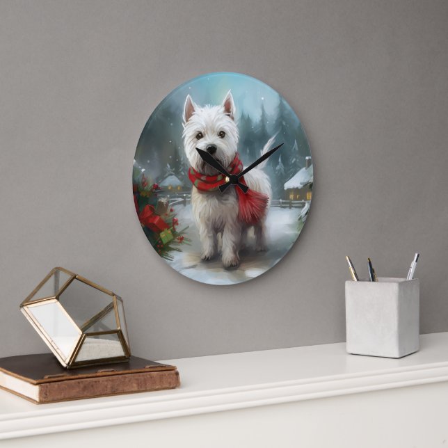 West Highland White Terrier Dog in Snow Christmas Large Clock (Office)