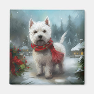 West Highland White Terrier Dog in Snow Christmas Magnet