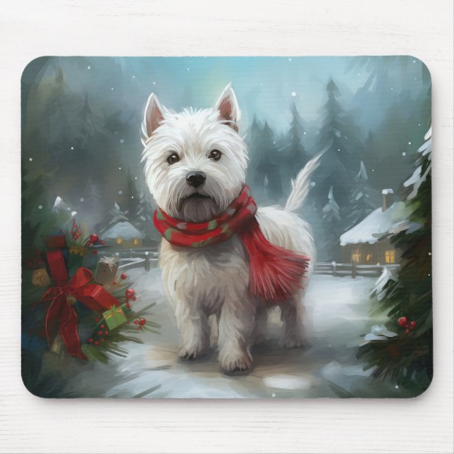 West Highland White Terrier Dog in Snow Christmas Mouse Mat (Front)