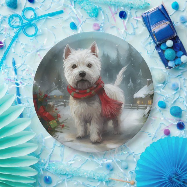 West Highland White Terrier Dog in Snow Christmas Paper Plate (Party)