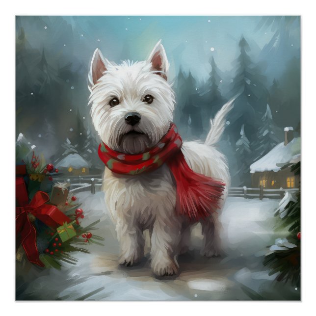West Highland White Terrier Dog in Snow Christmas Poster (Front)