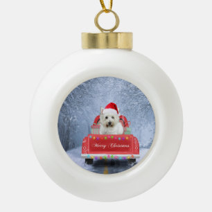 West Highland White Terrier Dog in Snow truck  Ceramic Ball Christmas Ornament