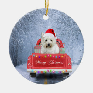 West Highland White Terrier Dog in Snow truck  Ceramic Tree Decoration