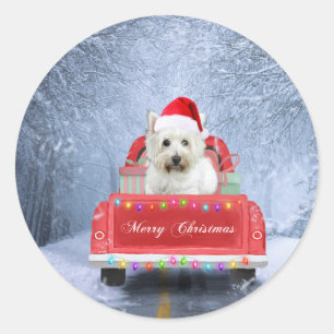 West Highland White Terrier Dog in Snow truck  Classic Round Sticker