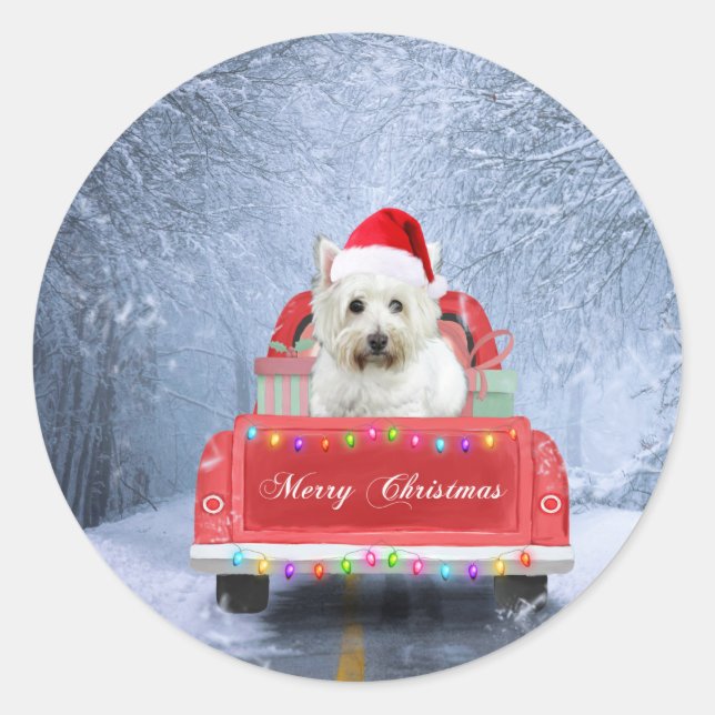 West Highland White Terrier Dog in Snow truck  Classic Round Sticker (Front)