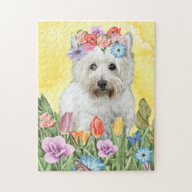 West Highland White Terrier Dog with Flowers Sprin Jigsaw Puzzle (Vertical)