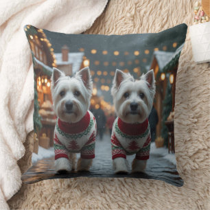 West Highland White Terrier Dogs Christmas Snow  Cushion