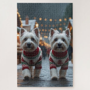 West Highland White Terrier Dogs Christmas Snow  Jigsaw Puzzle