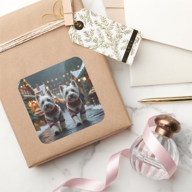 West Highland White Terrier Dogs Christmas Snow  Square Sticker (Gifting)
