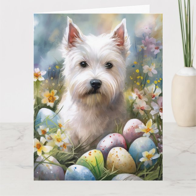 West Highland White Terrier Easter Eggs Holiday Card (Front)