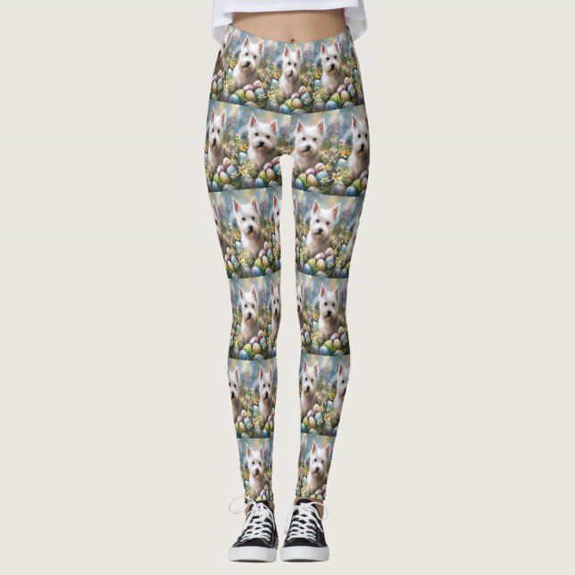 West Highland White Terrier Easter Eggs Holiday Leggings (Front)
