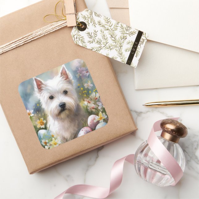 West Highland White Terrier Easter Eggs Holiday Square Sticker (Gifting)