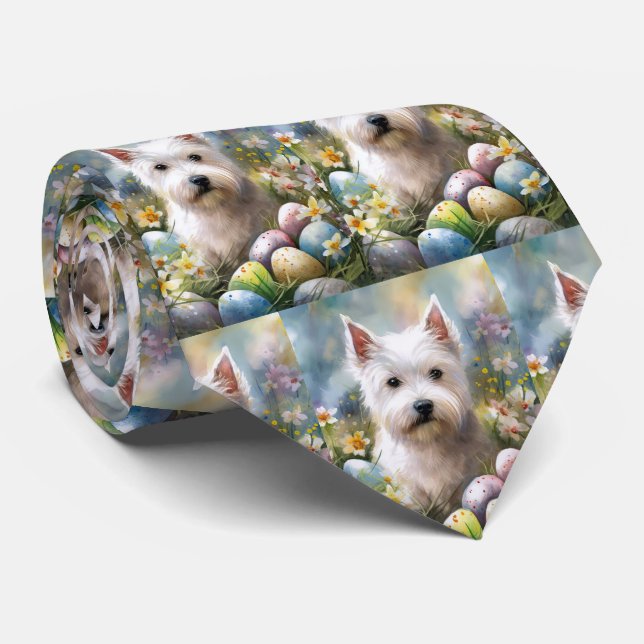 West Highland White Terrier Easter Eggs Holiday Tie (Rolled)