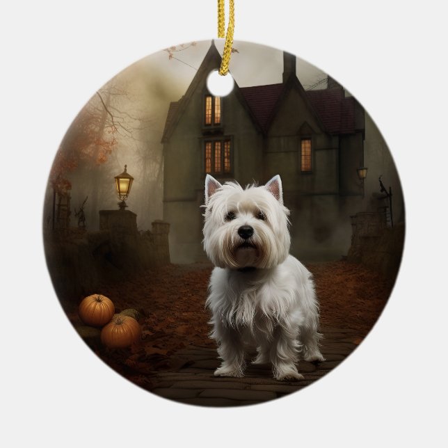 West Highland White Terrier Halloween Scary Ceramic Tree Decoration (Front)