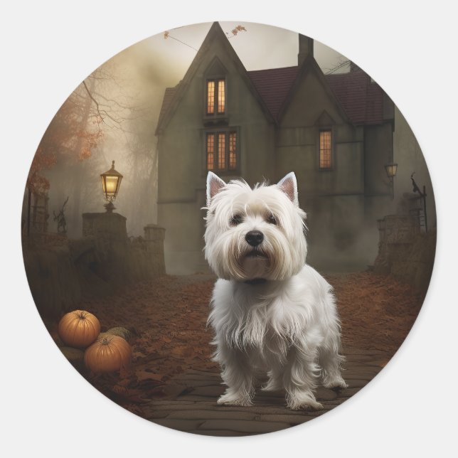 West Highland White Terrier Halloween Scary Classic Round Sticker (Front)