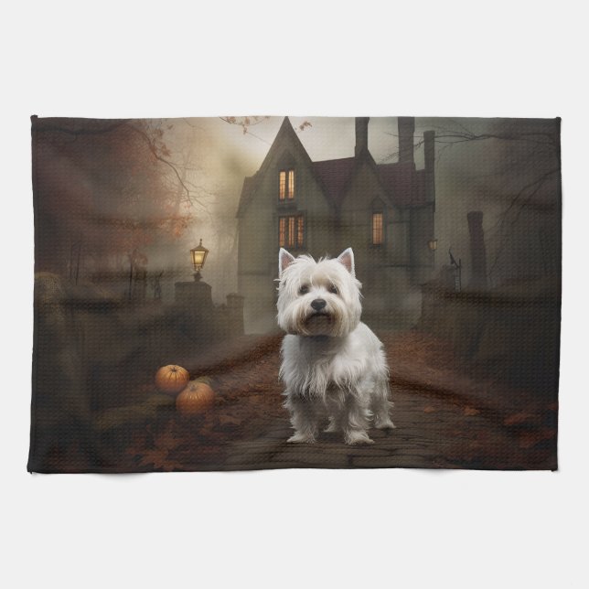West Highland White Terrier Halloween Scary Tea Towel (Horizontal)