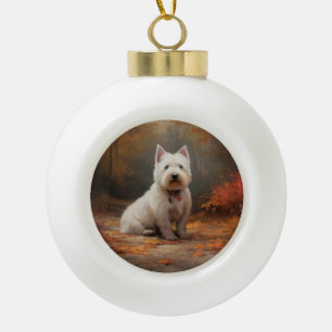 West Highland White Terrier in Autumn Leaves Fall Ceramic Ball Christmas Ornament
