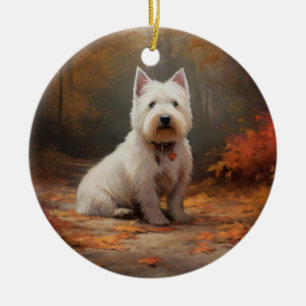 West Highland White Terrier in Autumn Leaves Fall Ceramic Tree Decoration