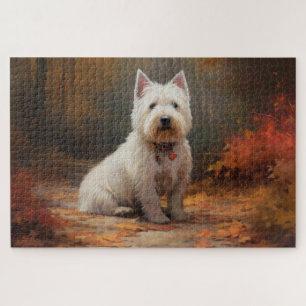 West Highland White Terrier in Autumn Leaves Fall Jigsaw Puzzle