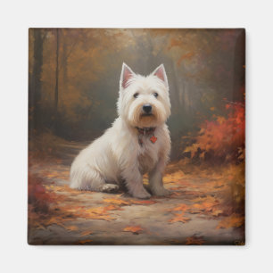 West Highland White Terrier in Autumn Leaves Fall Magnet