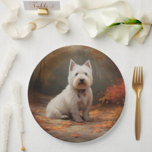 West Highland White Terrier in Autumn Leaves Fall Paper Plate