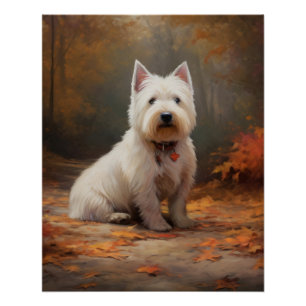 West Highland White Terrier in Autumn Leaves Fall Poster