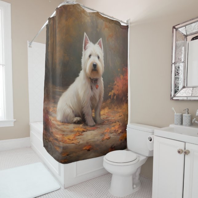 West Highland White Terrier in Autumn Leaves Fall Shower Curtain (In Situ)