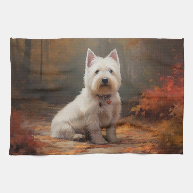 West Highland White Terrier in Autumn Leaves Fall Tea Towel (Horizontal)