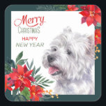 West Highland White Terrier Poinsettia Border Square Sticker<br><div class="desc">On this sticker, a beautiful watercolor image of a West Highland White Terrier is framed with Holiday watercolor red poinsettia bouquets. A outer border of matching blue green surrounds the interior white, and more poinsettia images are at the top right corner. The red and teal text says "MERRY CHRISTMAS HAPPY...</div>
