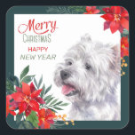 West Highland White Terrier Poinsettia Border Square Sticker<br><div class="desc">On this sticker, a beautiful watercolor image of a West Highland White Terrier is framed with Holiday watercolor red poinsettia bouquets. A outer border of matching blue green surrounds the interior white, and more poinsettia images are at the top right corner. The red and teal text says "MERRY CHRISTMAS HAPPY...</div>
