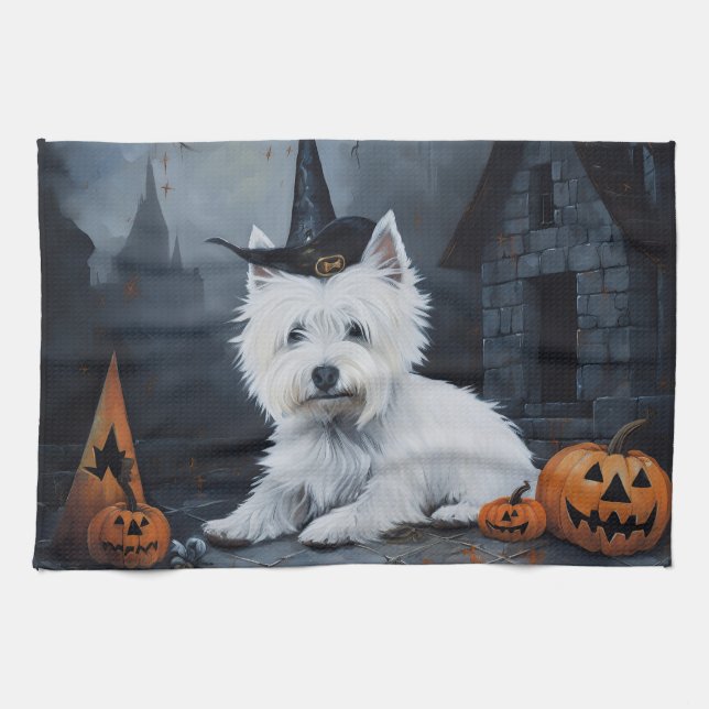 West Highland White Terrier Pumpkin Halloween  Tea Towel (Horizontal)