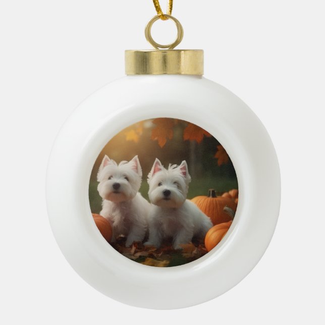 West Highland White Terrier Puppy Autumn Pumpkin Ceramic Ball Christmas Ornament (Front)