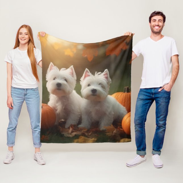 West Highland White Terrier Puppy Autumn Pumpkin Fleece Blanket (In Situ)