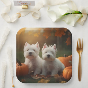 West Highland White Terrier Puppy Autumn Pumpkin Paper Plate