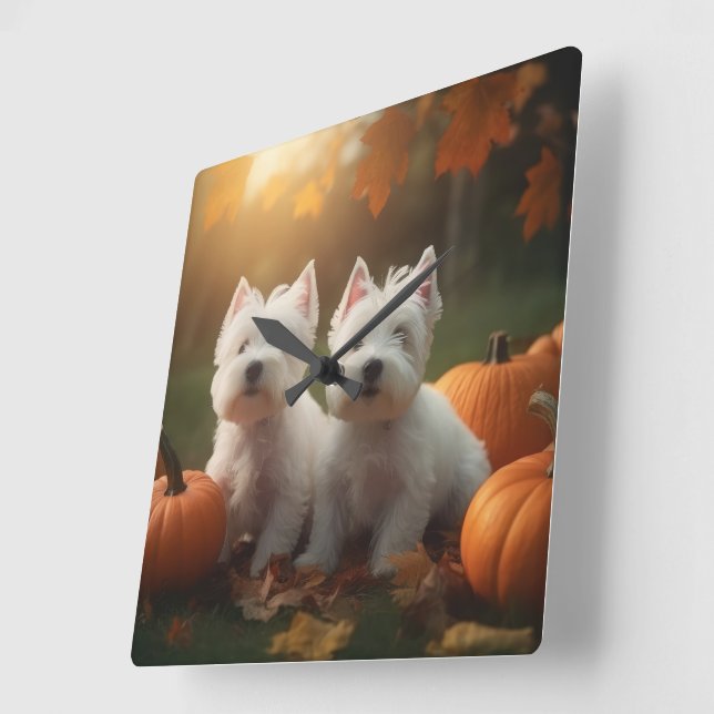 West Highland White Terrier Puppy Autumn Pumpkin Square Wall Clock (Angle)