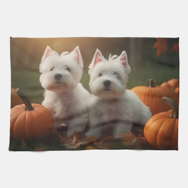 West Highland White Terrier Puppy Autumn Pumpkin Tea Towel (Horizontal)